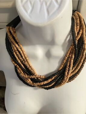 Necklace Vintage monies  style twisted wood beads black tan